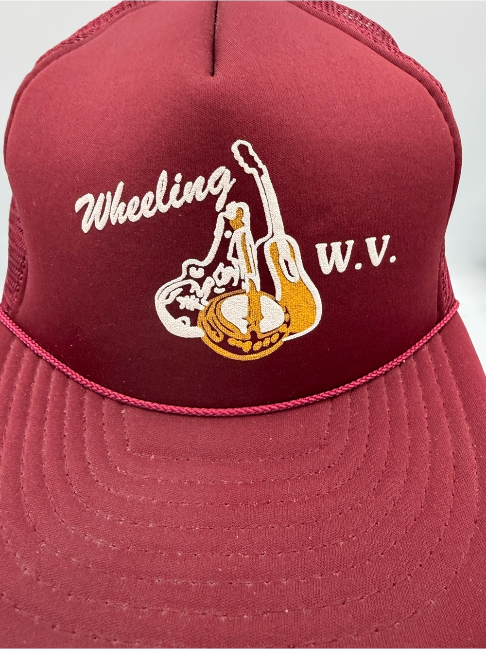 Vintage Wheeling WV SnapBack Trucker Hat Burgundy Banjo Guitar - Picture 2 of 7